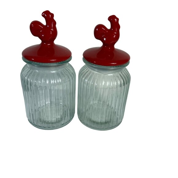 Rustic Red Rooster Glass Jars Set of 2 Ribbed Airtight Lid Farmhouse Kitchen VTG - Picture 14 of 14